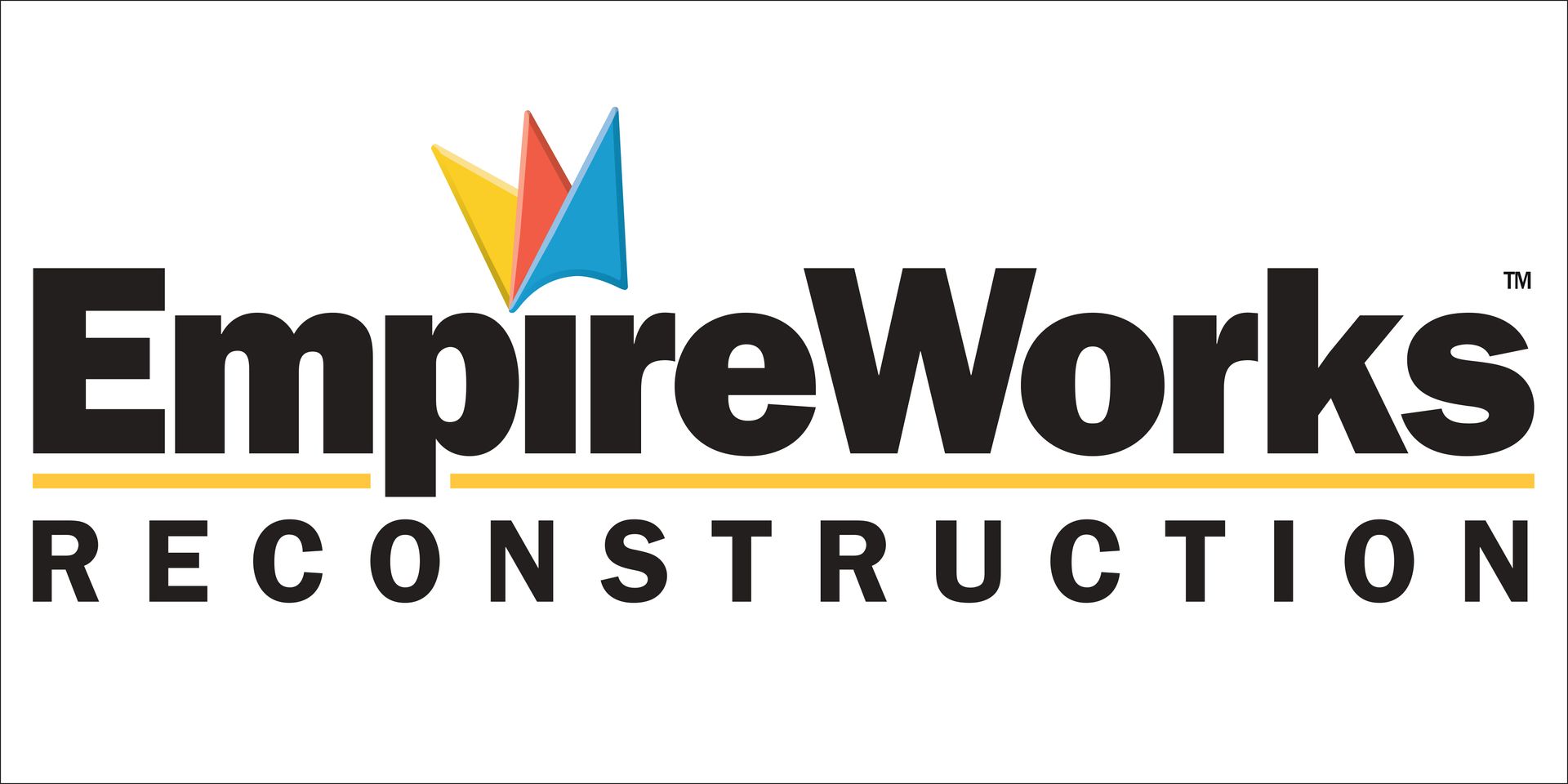 A logo for empire works reconstruction with a colorful triangle in the middle.