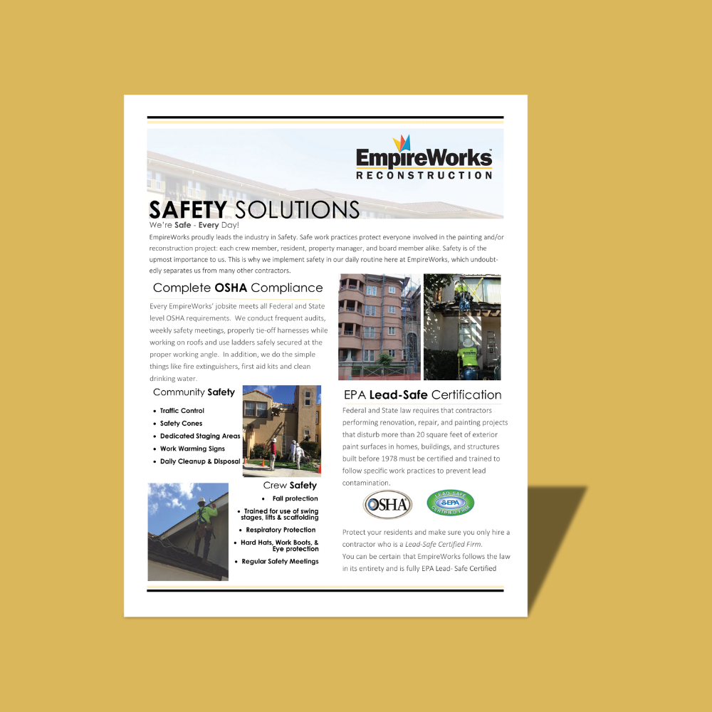 A safety solutions brochure is on a yellow background.