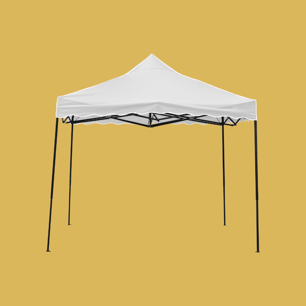 A white canopy tent with black legs on a yellow background.