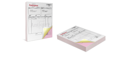 A stack of pink and white invoice sheets on a white background.