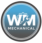 Logo for WM Mechanical, white text on blue/gray gradient background with wrench and gear.