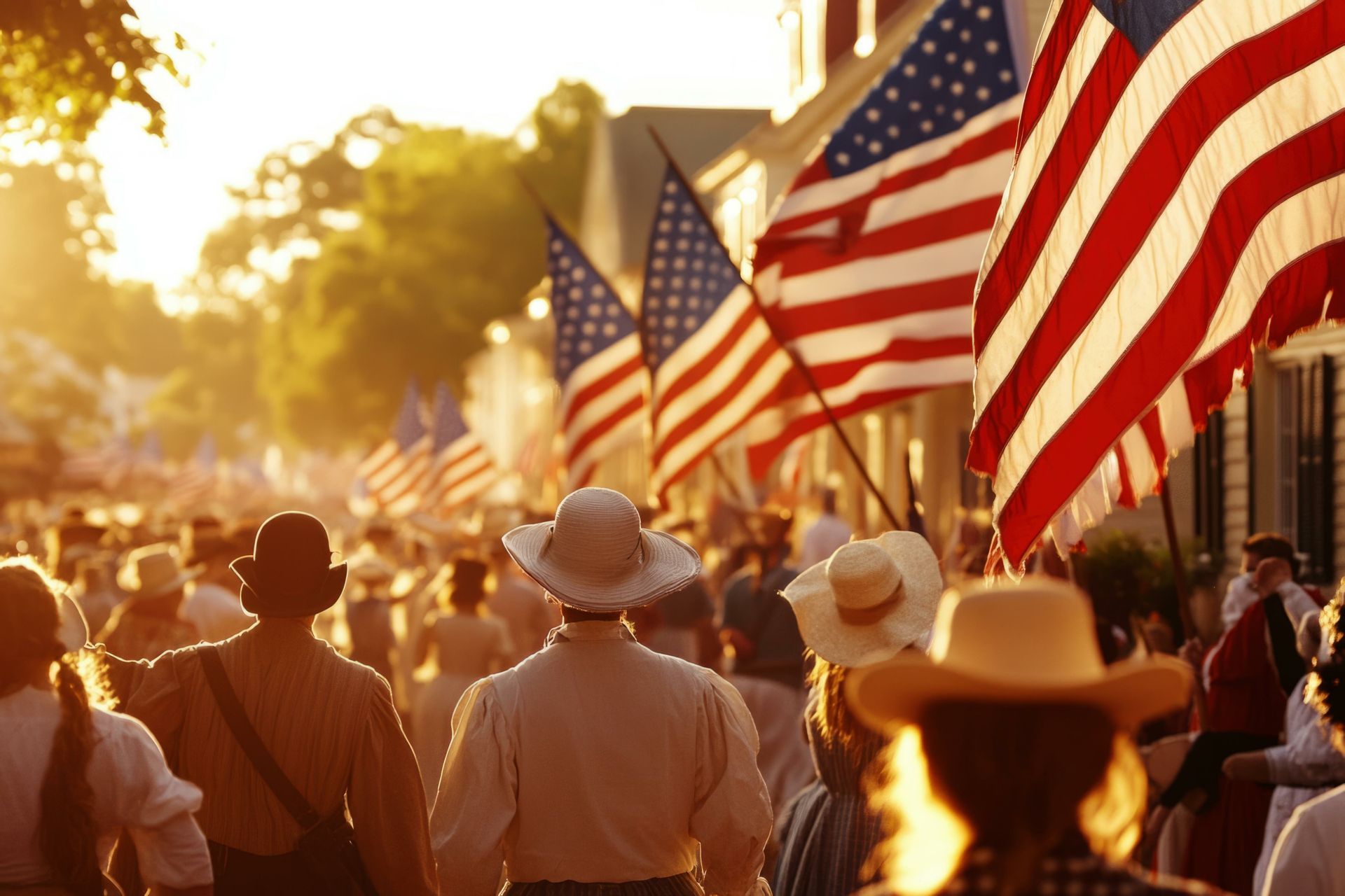 People in historical attire walk down a sunlit street lined with American flags during a community parade.