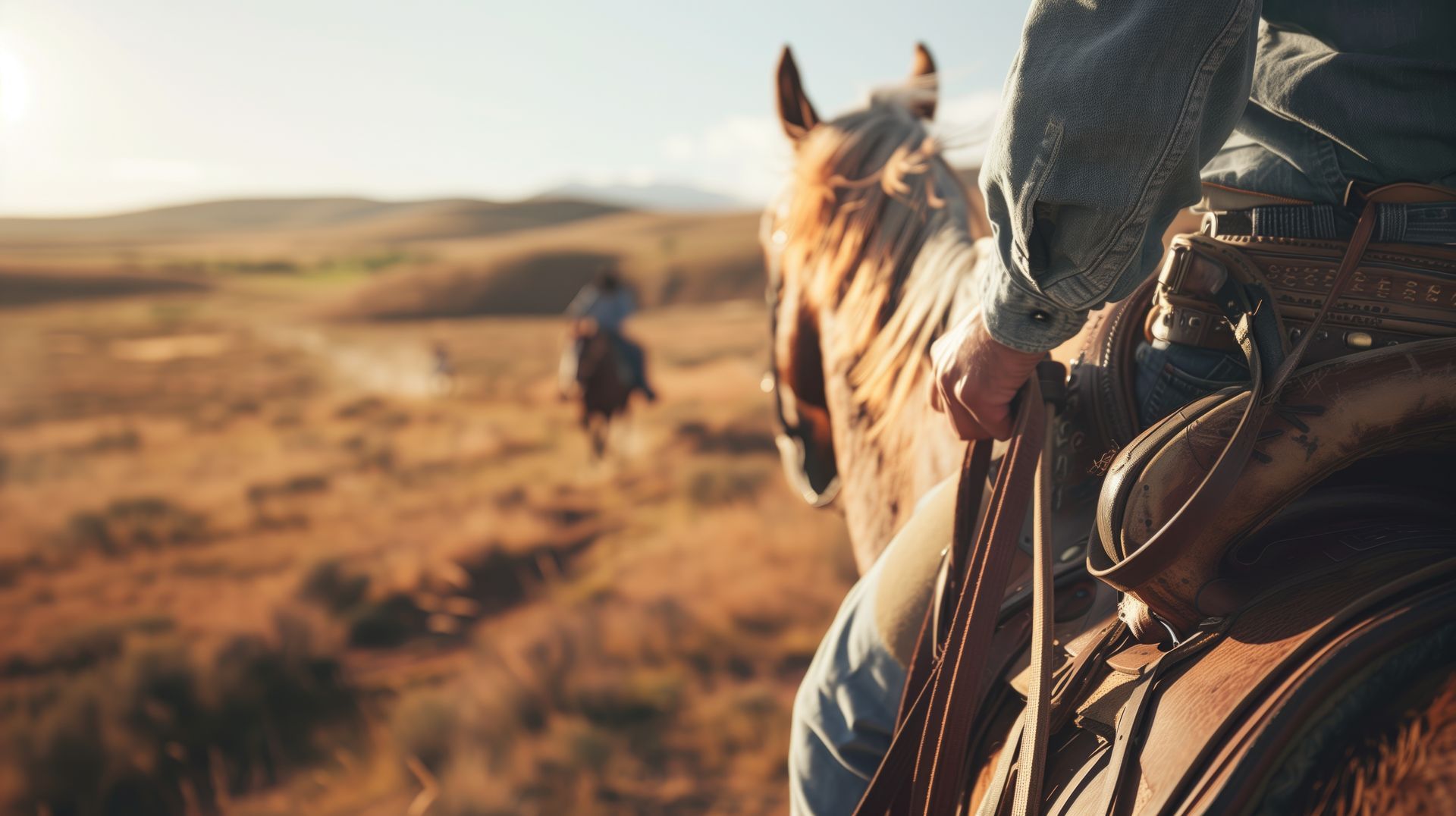 A close-up view of a person riding a horse in a sunlit desert landscape, with another rider visible in the distance.