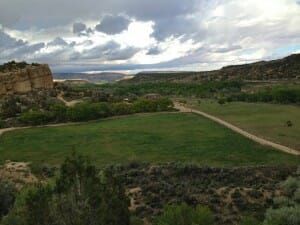A dirt path cuts through a green valley nestled between rocky, arid cliffs under a cloudy, overcast sky.