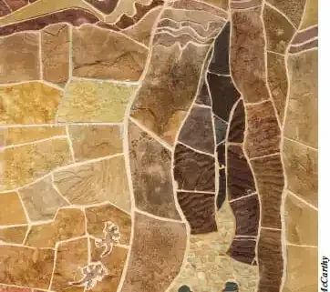 A mosaic pattern featuring interlocking stone tiles in shades of brown, tan, and cream, with two small lizard carvings.