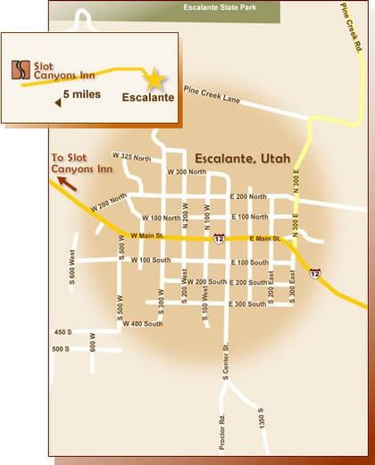 Map showing road routes in Escalante, Utah, with an inset indicating that Slot Canyons Inn is 5 miles outside town.