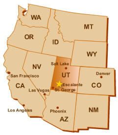 A map of the western United States highlighting Utah, with a star marking the location of Escalante.