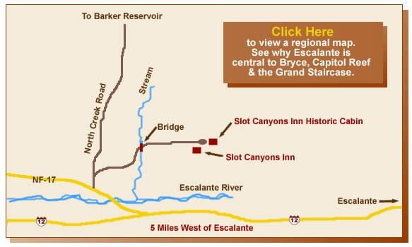 A map showing the location of Slot Canyons Inn and its historic cabin, five miles west of Escalante along Highway 12.