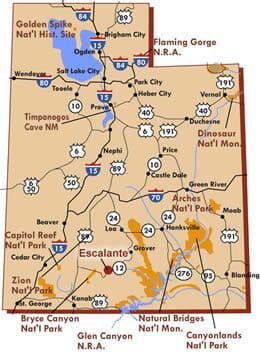 Map of Utah showing major cities, highways, and national parks, monuments, and recreational areas.