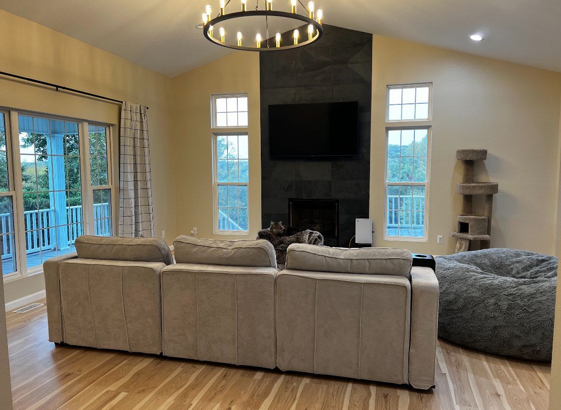 Living room with a couch, TV, fireplace, and cat tower.