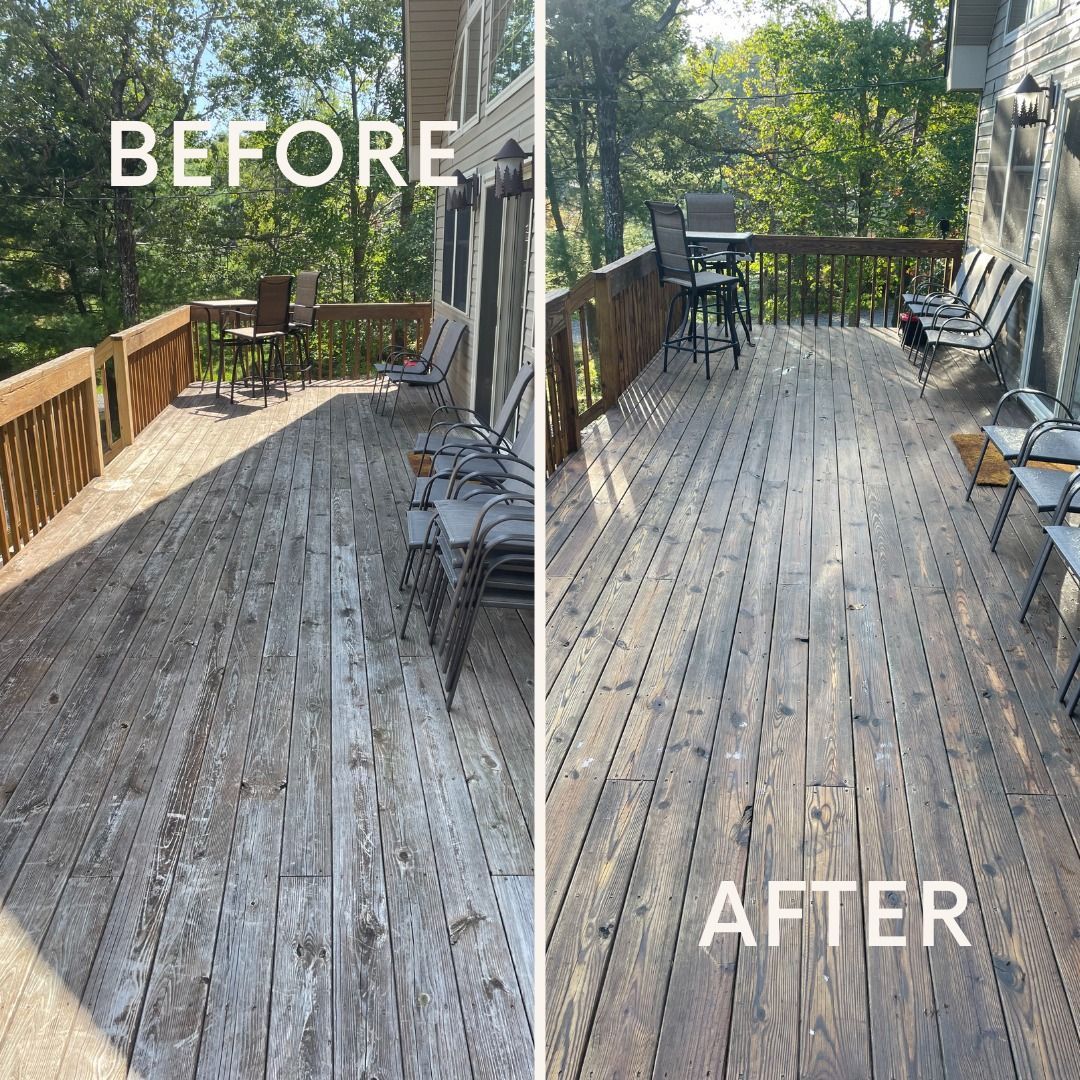 A before and after picture of a wooden deck.
