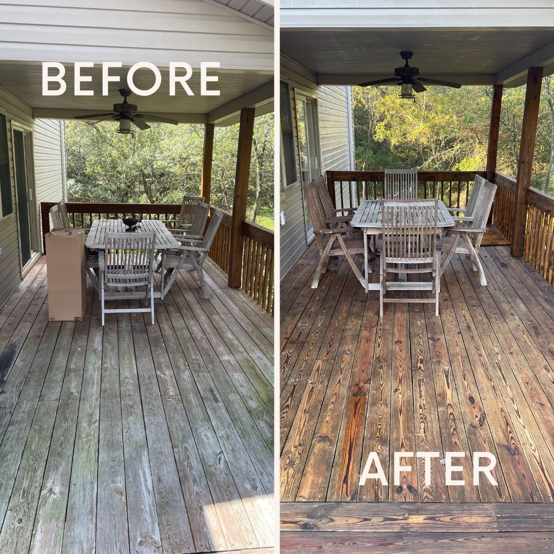 A before and after photo of a wooden deck with a table and chairs.