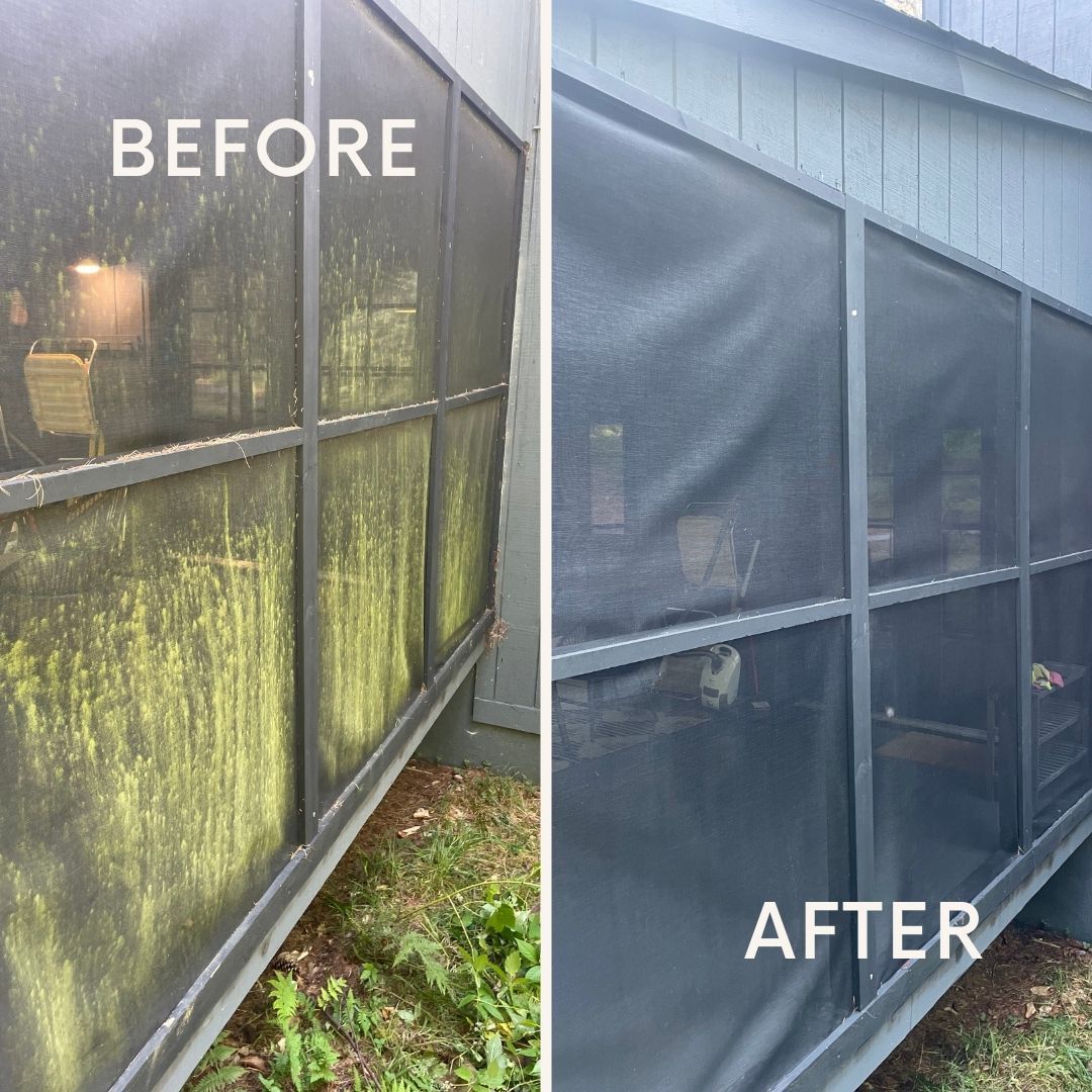 A before and after picture of a screened in porch.