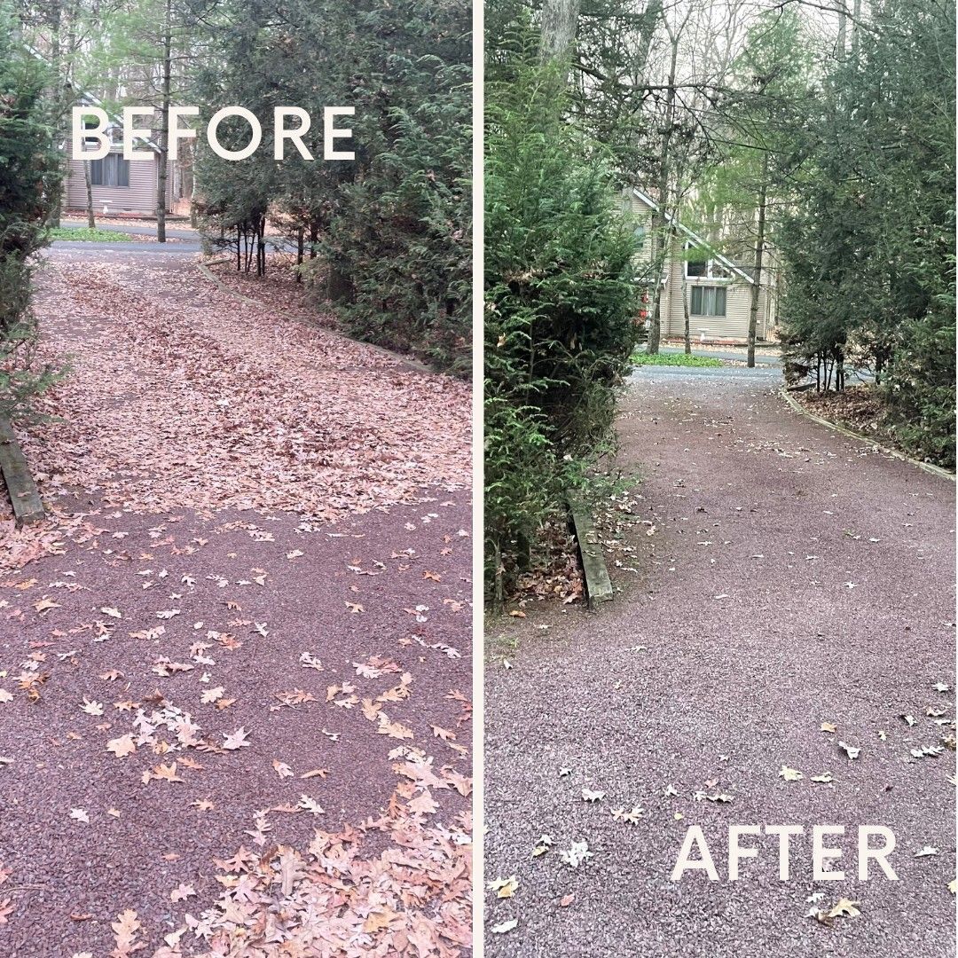 A before and after picture of a gravel driveway covered in leaves.