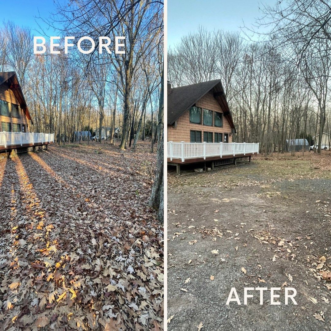 A before and after picture of a house in the woods.