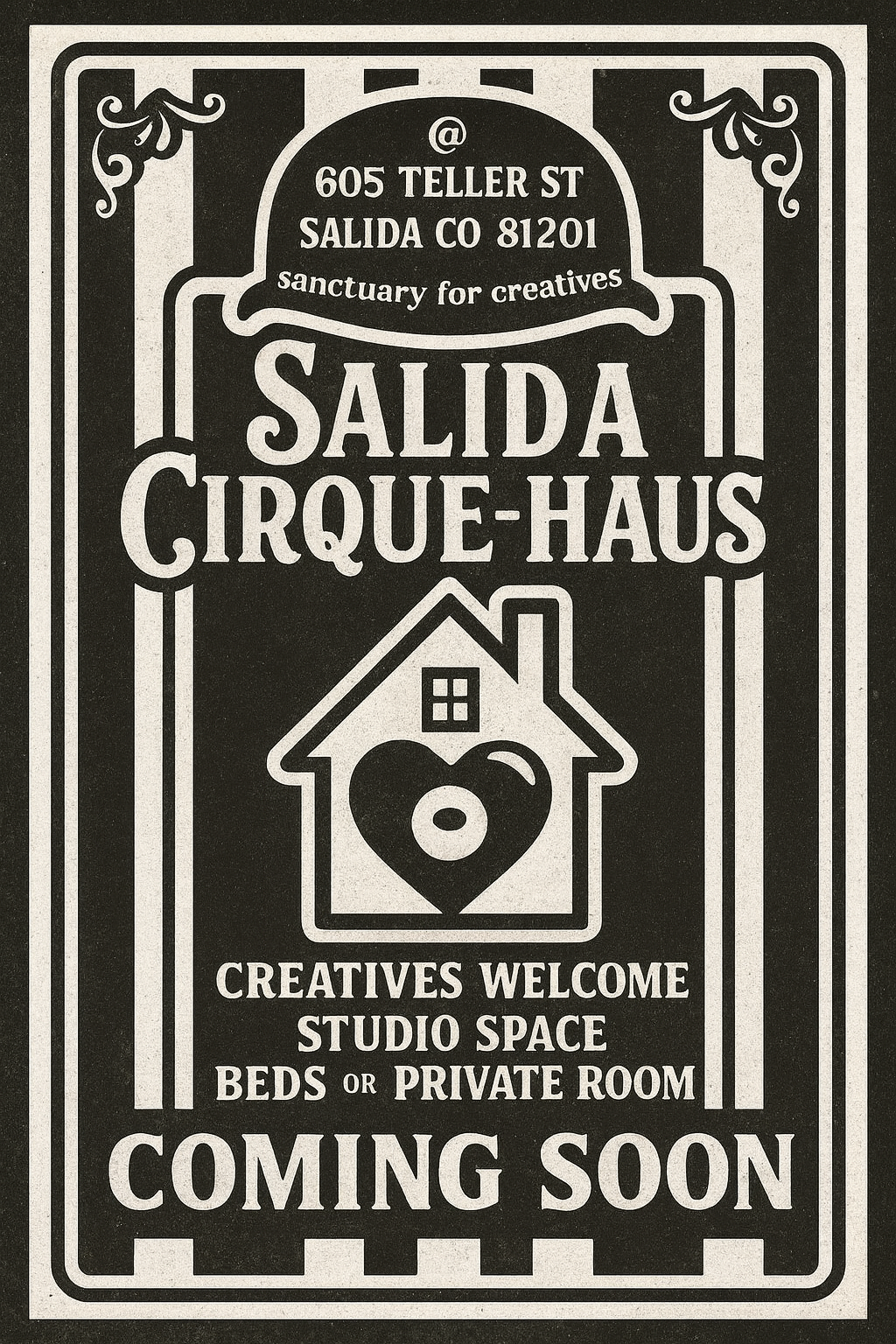 Black and white sign for Salida Cirque-Haus. Includes address, a house-heart logo, and “Coming Soon”.