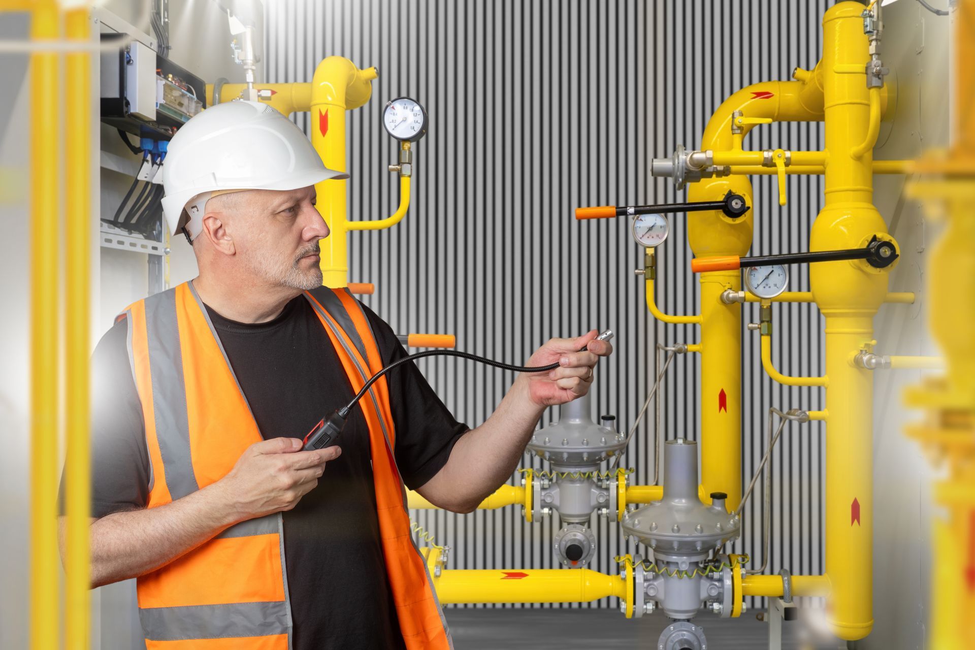 Engineer uses gas analyzer to check pressure pipelines and detect possible leaks.