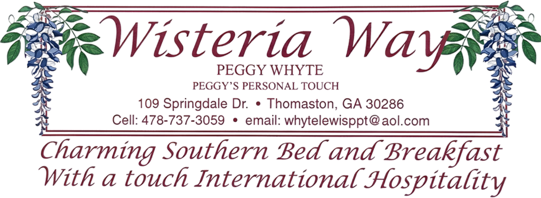Logo of Wisteria Way Bed and Breakfast: wisteria flower design with text.