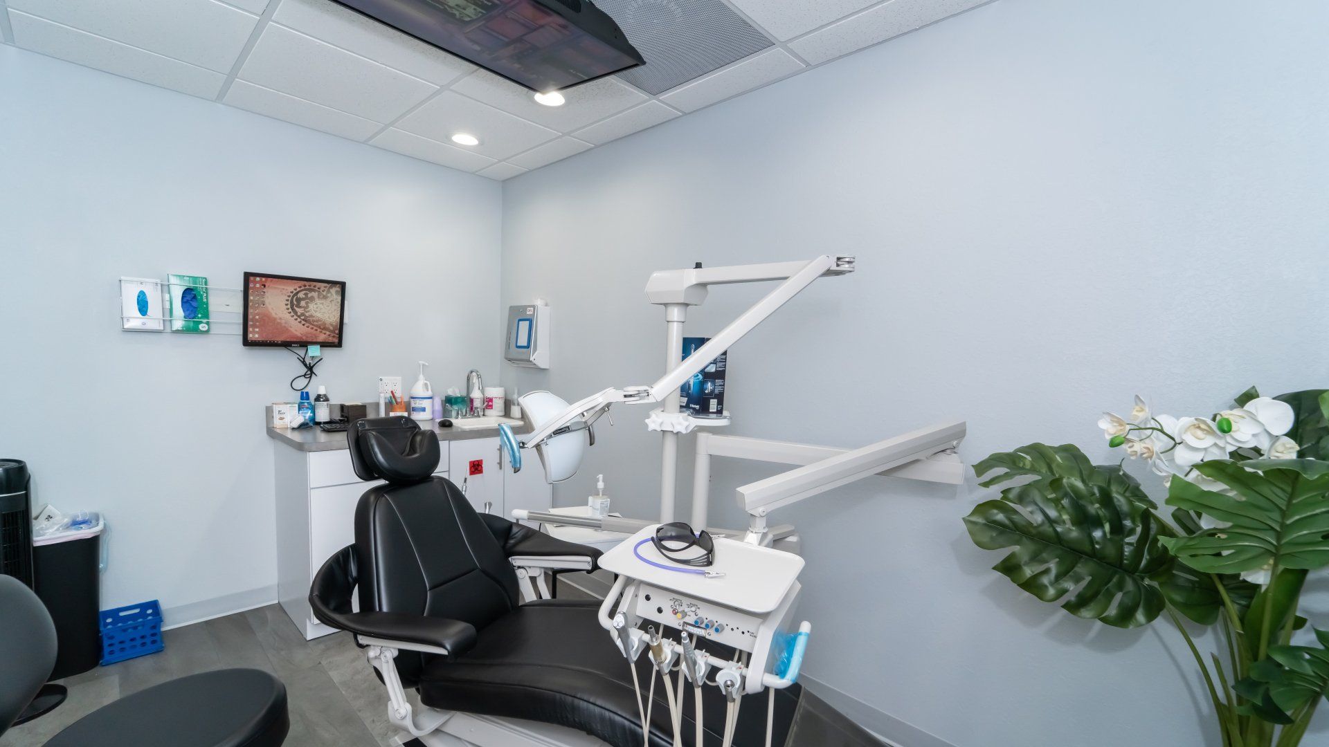 A dental office with a dental chair and a plant.
