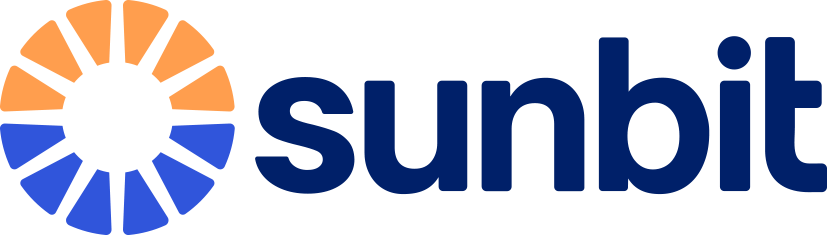 A blue and orange logo for sunbit with a sun in the middle