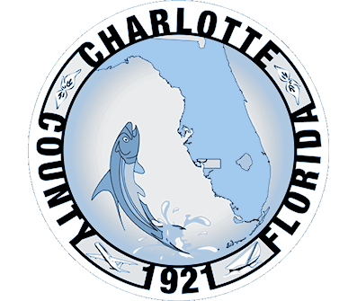 A logo for charlotte county florida with a fish in the middle