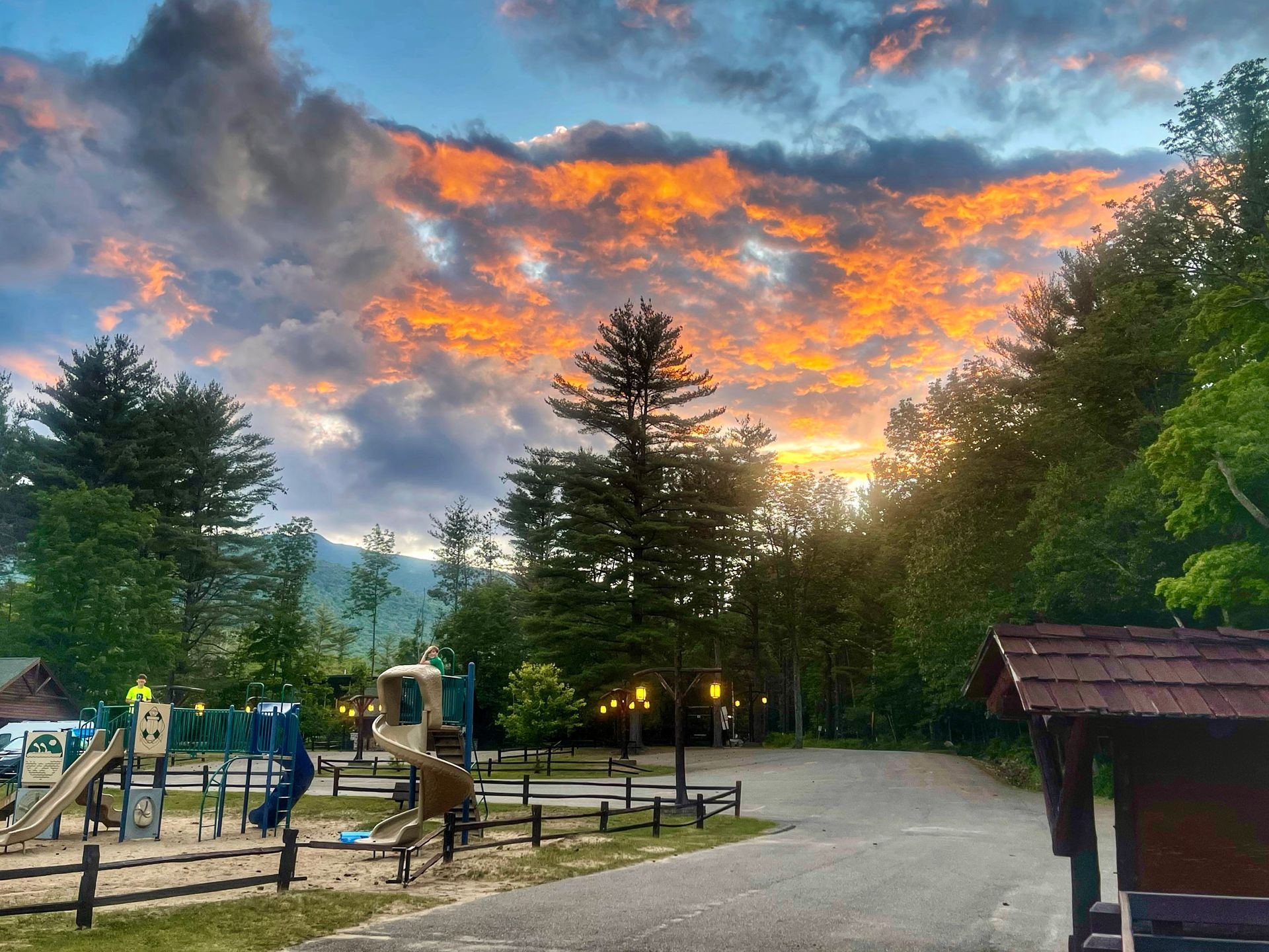 Sunset view of playground at Wilmington Town Beach, Wilmington, NY