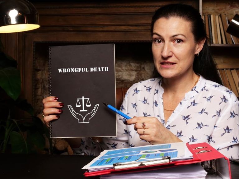 Woman hoding up a book titled Wrongful Death