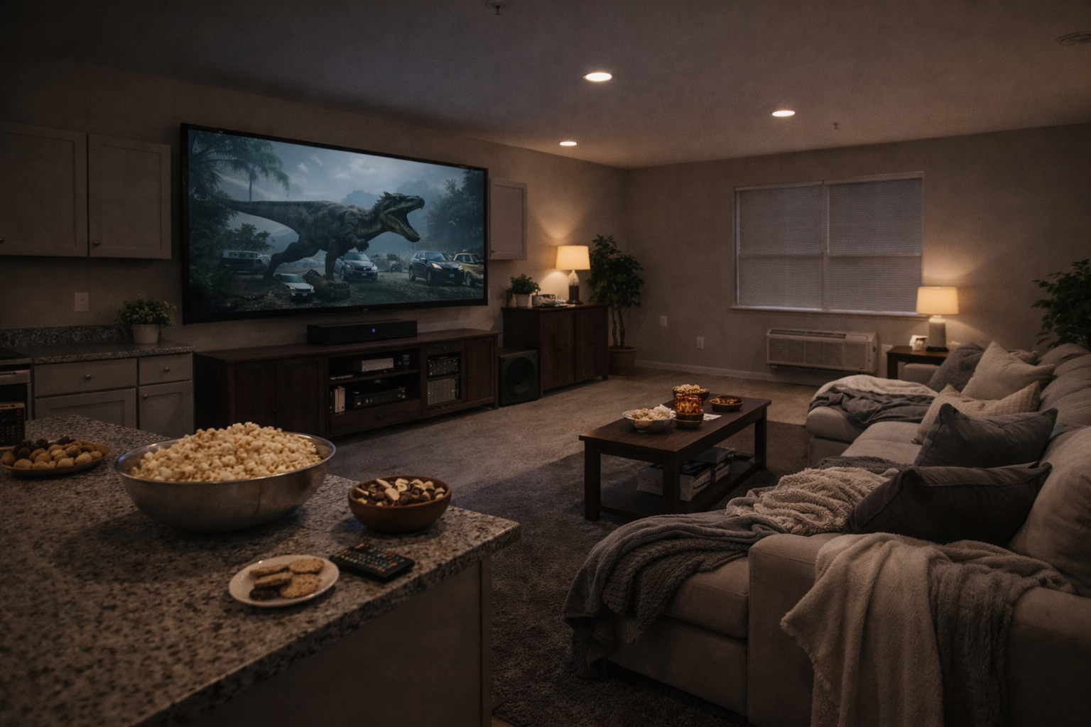 Cozy apartment living room set up as a mini home theater with dim lighting, blankets, and snacks for a movie night