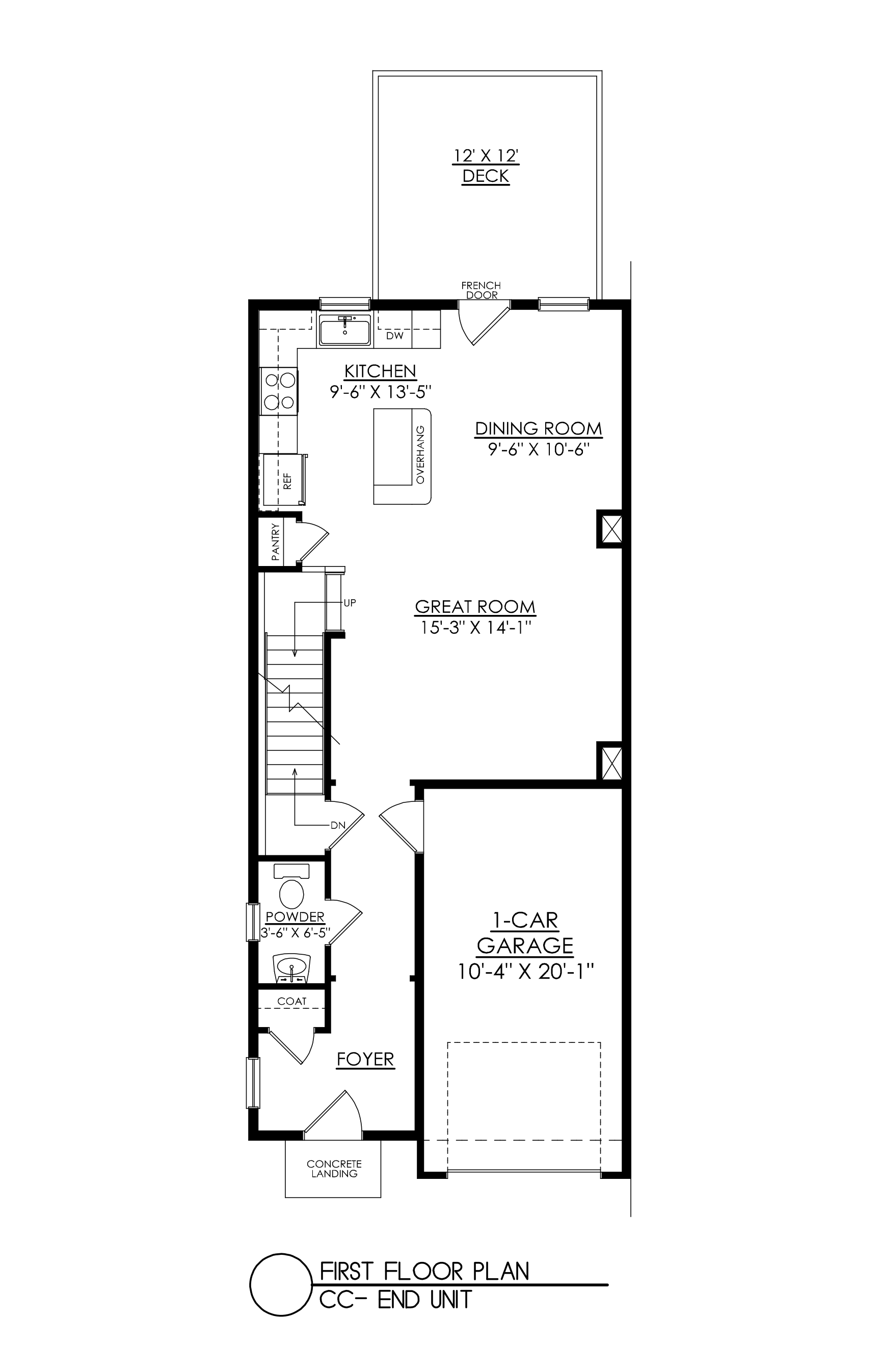 Floor plan of a narrow house, showing rooms like a kitchen, living area, and garage.