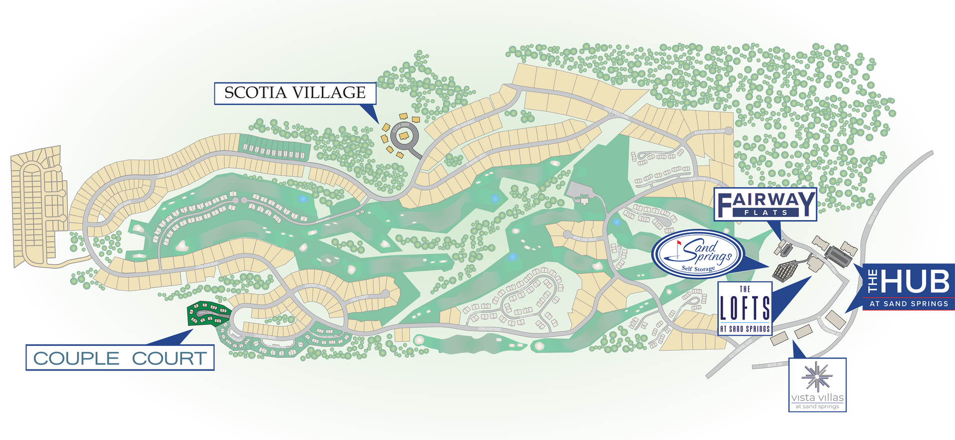 Map of a golf course with labeled areas like