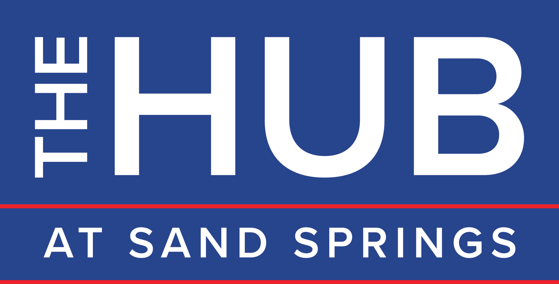 The Hub at Sand Springs logo. White text on a blue background. Red line.