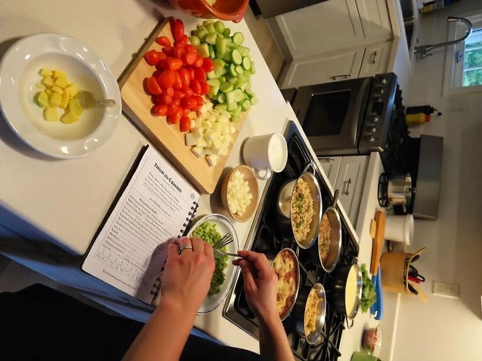 Cozy home cooking prep Home kitchen meal prep with chopped vegetables, multiple dishes cooking on the stove, and a recipe book open on the counter