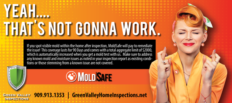 An advertisement for mold safe shows a woman crossing her fingers