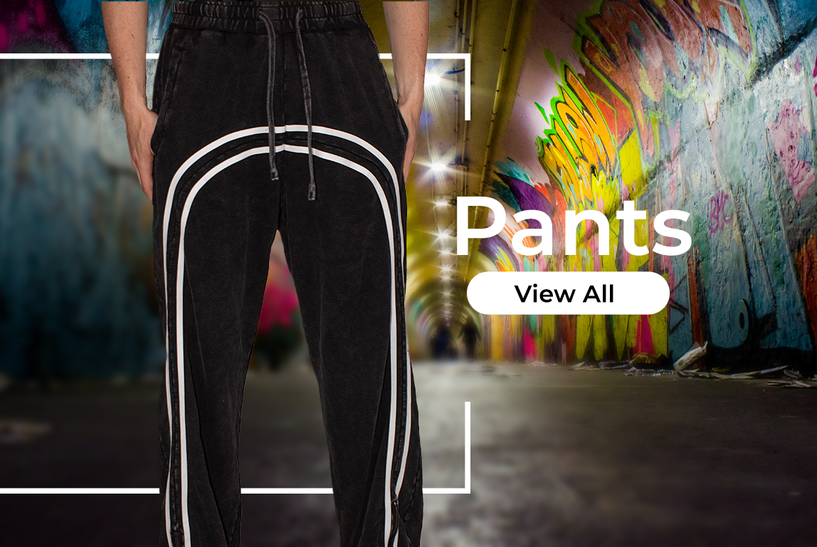 Black pants with white trim, street art background, 