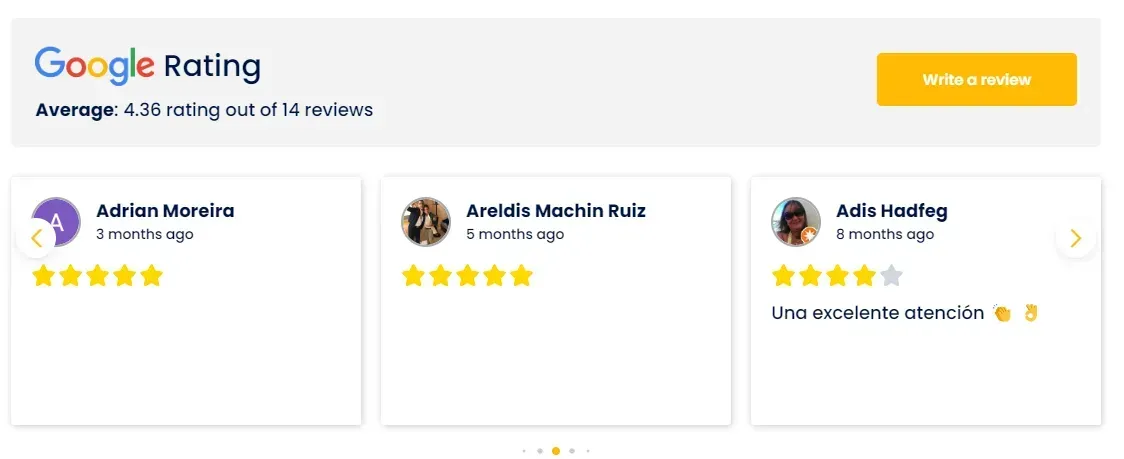 Google rating with three customer reviews, all with 5 stars.