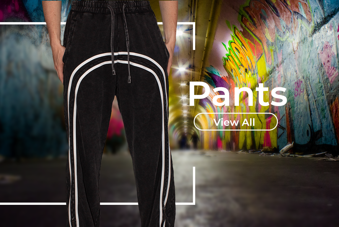 Black pants with white stripes; man in urban setting, 