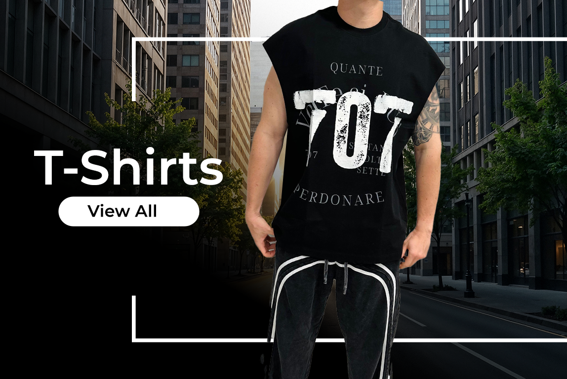 Man wearing black sleeveless t-shirt and black pants with white stripes. 