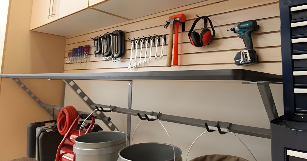 A garage with a shelf filled with tools and buckets.