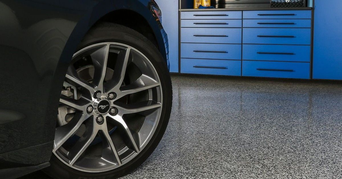 A close up of a car wheel in a garage.