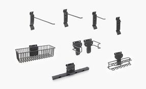 a bunch of workbench hooks and baskets on a white background .