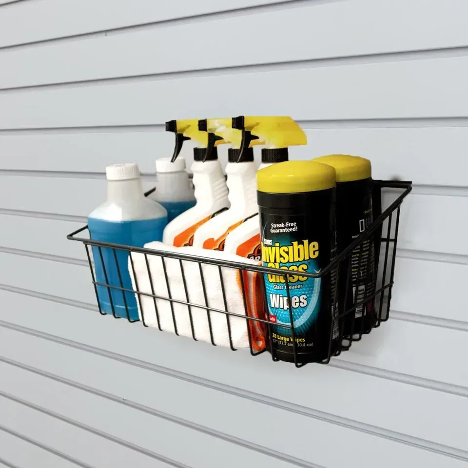 a wire basket filled with bottles car care products .