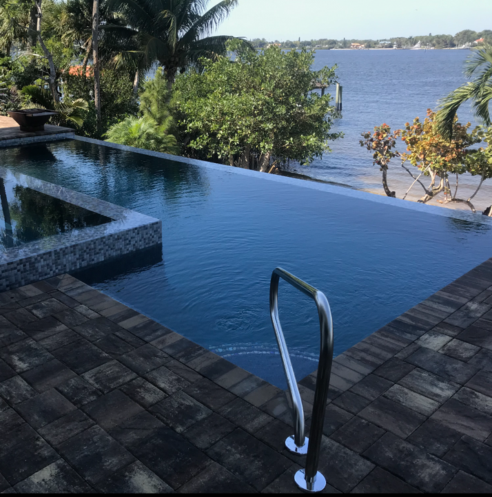 A large swimming pool with a view of the ocean