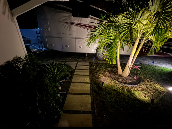 A rv is parked in a driveway next to a palm tree.
