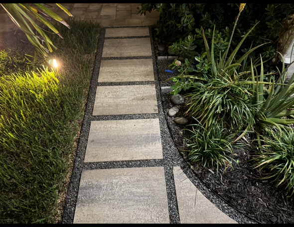 A stone walkway in a garden with plants and bushes.