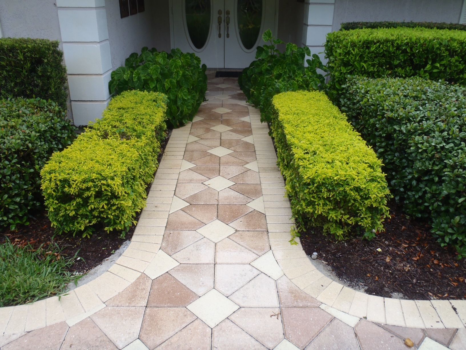 A brick walkway leading to the front door of a house