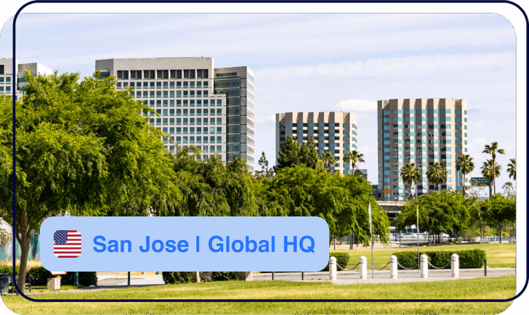 San Jose Global HQ sign in front of modern office buildings and palm trees