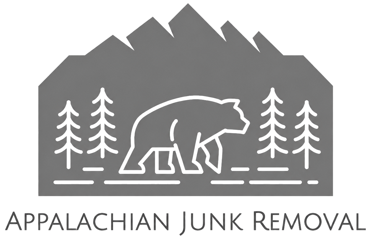 Gray logo with bear, pine trees, and mountains above &ldquo;Appalachian Junk Removal&rdquo; text