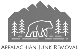 Gray logo with bear, pine trees, and mountains above “Appalachian Junk Removal” text