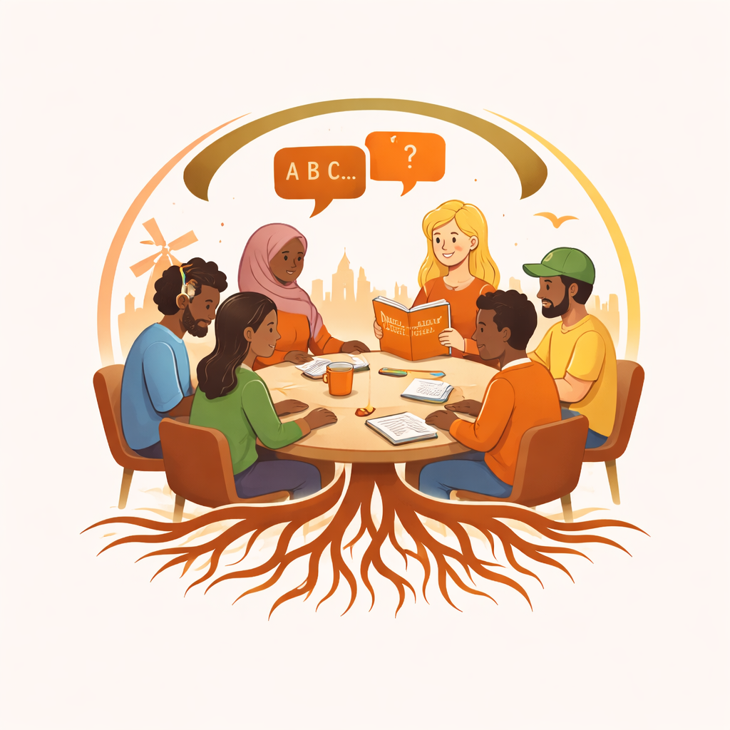 Vier mensen zitten in een kring rond een tafel en voeren een gesprek, met tekstballonnen en vertakkende wortels eronder.