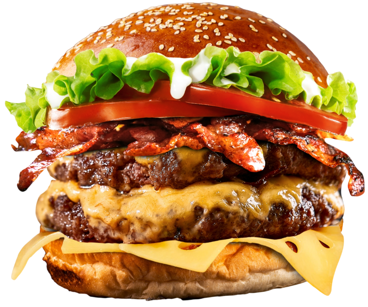 Double-patty cheeseburger with bacon, tomato, lettuce, and sauce, on a sesame seed bun
